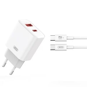 Set incarcator pentru Samsung, Oppo, Realme, Xiaomi, Honor Fast Charge pentru priza XO L64 20W plus cablu USB type-C - type-C, 1 x USB QC3.0,  1 x PD USB-C, alb