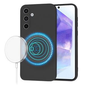 Husa pentru  Samsung Galaxy A55 Liquid Silicone cu MagSafe, subțire, captusita cu microfibra, anti amprentă, protectie cameră foto, Negru