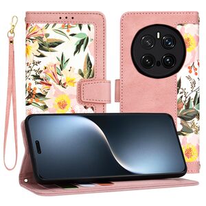 Husa tip carte pentru Honor Magic 7 Pro, functie stand si port carduri, Roz