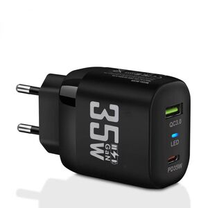 Încărcător de priza GaN, 1 x USB QC3.0, 1 x USB Type-C PD 35W, Quick Charge, Indicator LED, Compact și Universal - negru