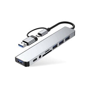Adaptor HUB 8 in 1 de la USB Tip-C sau USB 2.0 la 2 x USB 3.0, 2 x USB 2.0, 1 x USB-C (Date), Cititor card SD/MicroSD, Jack Audio 3.5mm – Design Premium, compatibil laptop Lenovo, Dell, HP, Asus, Acer, Apple MacBook Air/Pro, Chromebook, tableta, silver gr