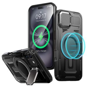 Husa pentru  iPhone 16 compatibla MagSafe, Rugged Shockproof Magnetic, Camera Cover, Built-in Kickstand - Negru