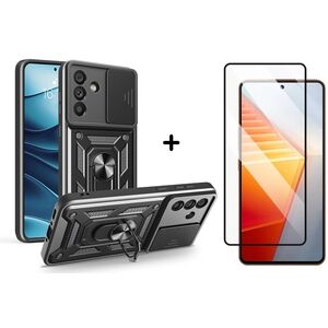 Set 360: Folie din sticla + Husa pentru  Samsung Galaxy A56 Ring Armor Kickstand Tough Rugged Cover cu protectie camera, Negru royal