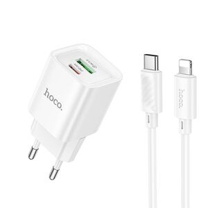 Set incarcator iPhone fast charge pentru priza XO plus cablu de incarcare PD, USB-C - Lightning (iPhone) 20W, alb