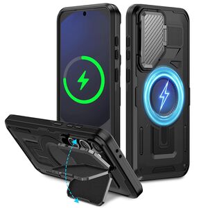 Husa pentru Samsung Galaxy S24 FE compatibla MagSafe, Rugged Shockproof Magnetic, Camera Cover, Built-in Kickstand - Negru
