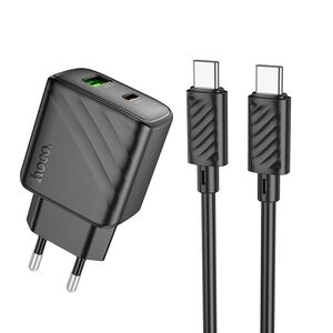 Set incarcator rapid pentru priza universal pentru iPhone, Samsung, Oppo, Honor fast charge PD 30W si QC 3.0, 1 x USB, 1 x USB Tip-C, cu cablu USB-C la USB-C 1m, Hoco, negru