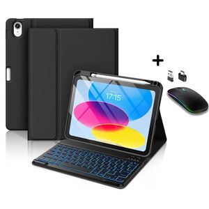 Husa pentru iPad 11 2025 cu tastatura iluminata wireless detasabila RGB 7 lights, Bluetooth, USB Type-C, functie stand si slot stylus + mouse wireless iluminat LED, negru