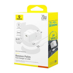 Incarcator Fast Charging Type-C Baseus Palm cu cablu Type-C la Type-C 1m, PD 20W, alb P10111602213-01