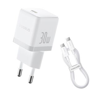 Incarcator priza Baseus - wall charger palm (p10111605213-01) - fast charger, cu cablu type-c la type-c, 30w, 5v/3.0a, 1m - moon white