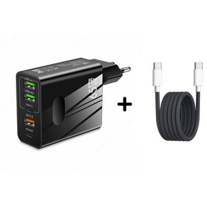 Set Incarcator priza 65W Fast Charge cu 5 porturi, 3 x USB 3.0, 2 x USB Type C, compatibil Samsung, iPhone, Xiaomi, Oppo, Motorola, Honor + Cablu incarcare USB Type-C la USB Type-C, Super Fast Charging 60W, 1m - negru