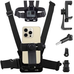 Ham Sport pentru Piept cu Suport pentru Cameră și Telefon – Compatibil GoPro, DJI, SJCAM, Telefoane 4-7", Negru
