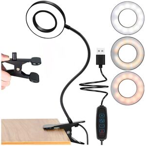 Lampa LED Inelara cu Brat Flexibil si Clema pentru prindere – 3 Culori de Lumina, 10 Niveluri de Intensitate, Control pe Fir, Alimentare USB, Negru