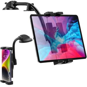 Suport Auto Universal pentru Telefon și Tabletă 4–13” – Braț Lung 20 cm, Montaj pe Parbriz sau Bord, Reglabil 360°, Negru