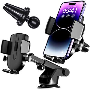 Suport Auto pentru Telefon 3 in 1 cu Brat reglabil telescopic, pentru bord, parbriz sau grila ventilatie, prindere automata - negru