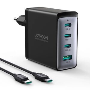 Incarcator GaN 3 x USB Type-C, 1 x USB, Super Fast Charge JoyRoom, 100W + cablu USB-C la USB-C 1.2m JR-TCG04