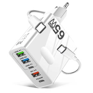 Set Incarcator priza 65W Fast Charge cu 5 porturi, 3 x USB 3.0, 2 x USB Type C, compatibil telefoane si tablete + cablu incarcare USB Type-C la USB Type-C 1m, alb