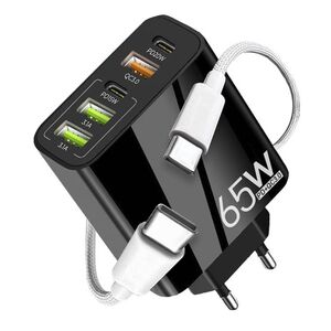Set Incarcator priza 65W Fast Charge cu 5 porturi VPower, 3 x USB 3.0 QC 3.0,, 2 x USB Type C PD 20W, compatibil telefoane si tablete + cablu incarcare USB Type-C la USB Type-C 1m, negru
