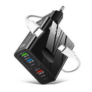 Set Incarcator priza 65W Fast Charge cu 5 porturi, 3 x USB 3.0, 2 x USB Type C, compatibil telefoane si tablete + cablu incarcare USB Type-C la USB Type-C 1m, negru