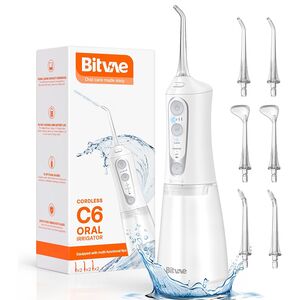 Irigator Bucal portabil Bitvae EasyClean, 15 Combinatii de Curatare, 6 Duze Jet, 300ml, IPX7, Water Pressure 130PSI, 40 Zile Autonomie, acumulator reincarcabil USB, husa de transport – Ideal pentru ingrijire Ortodontica si gingii sensibile - alb