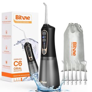 Irigator Bucal portabil Bitvae EasyClean, 15 Combinatii de Curatare, 6 Duze Jet, 300ml, IPX7, Water Pressure 130PSI, 40 Zile Autonomie, acumulator reincarcabil USB, husa de transport – Ideal pentru ingrijire Ortodontica si gingii sensibile - negru