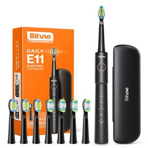 Periuta de dinti Electrica Bitvae B11E-Sonic Power, 5 Moduri White/ Clean/ Sensitive/ Polish/ Massage, 40.000 de pulsații pe minut, cu 8 Capete de Periaj, 60 Zile Autonomie, acumulator reincarcabil USB-C, IPX7, include carcasa de protectie - negru