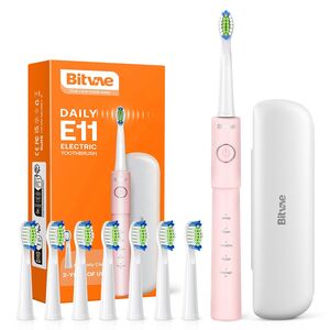 Periuta de dinti Electrica Bitvae B11E-Sonic Power, 5 Moduri White/ Clean/ Sensitive/ Polish/ Massage, 40.000 de pulsații pe minut, cu 8 Capete de Periaj, 60 Zile Autonomie, acumulator reincarcabil USB-C, IPX7, include carcasa de protectie - roz