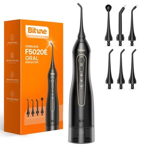 Irigator Bucal Bitvae FE50 cu 7 Duze, 3 Moduri de curatare, Rezervor 300ml, Presiune Reglabila, Autonomie 30 Zile, IPX7, Portabil si Reincarcabil – Igiena Orala Completa - negru