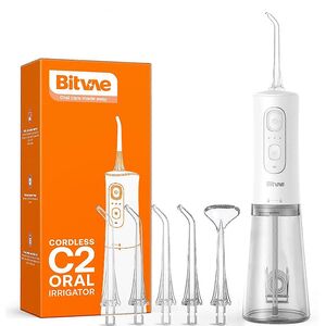 Irigator bucal portabil Bitvae CII 260 ml, 3 Moduri de Curatare, 6 Duze, Presiune Reglabila, Autonomie 30 Zile, IPX7, acumulator reincarcabil USB, Gingi Sanatoase și Igiena completa - alb