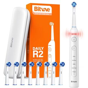 Periuta de dinti Electrica Rotativa Bitvae RS Power Clean – cu 8 Capete de inlocuire, Senzor Presiune, 5 Moduri, Smart Timer, Autonomie 30 Zile, Carcasa Inclusa, IPX7, acumulator reincarcabil - alb