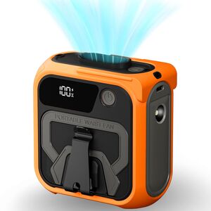 Ventilator Portabil 3 in 1 cu Power Bank WindGo, Lanterna LED, 5 Trepte de Viteză, 10000 mAh, Prindere Curea multifunctionala, acumulator reincarcabil USB-C, Afișaj LCD – Portocaliu