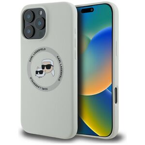 Husa Karl Lagerfeld pentru iPhone 16 Pro Silicone MagSafe, Karl&Choupette Head, gri