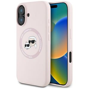 Husa Karl Lagerfeld pentru iPhone 16 Silicone MagSafe, Karl&Choupette Head, roz