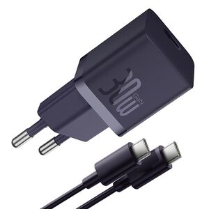 Incarcator Type-C, Fast Charging, GaN, 30W + Cablu Type-C 100W, 1m - Baseus (P10110902523-00) - Midnight Purple