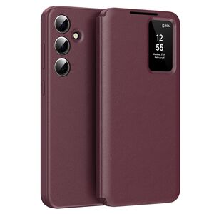 Husa pentru  Samsung Galaxy S24 FE Smart Window View Tip Carte – Design Premium, Vizualizare Inteligenta, Protectie 360°, Card Slot, Textura Mata Eleganta - Bordeaux