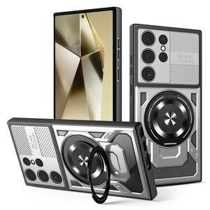 Husa pentru  Samsung Galaxy S24 Ultra TitanX HaloStand Pro cu Inel Pivotant Magnetic 360° & Kickstand, Textura Carbon, protectie lentile - Gri