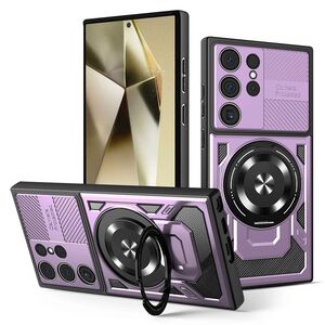 Husa pentru  Samsung Galaxy S24 Ultra TitanX HaloStand Pro cu Inel Pivotant Magnetic 360° & Kickstand, Textura Carbon, protectie lentile - Mov
