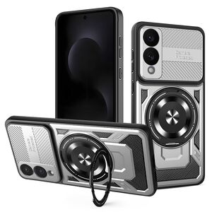 Husa pentru  Samsung Galaxy S25 Edge TitanX HaloStand Pro cu Inel Pivotant Magnetic 360° & Kickstand, Textura Carbon, protectie lentile - Gri