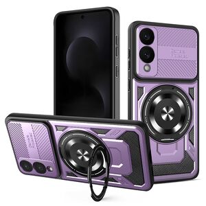 Husa pentru  Samsung Galaxy S25 Edge TitanX HaloStand Pro cu Inel Pivotant Magnetic 360° & Kickstand, Textura Carbon, protectie lentile - Mov