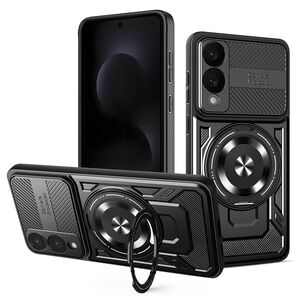 Husa pentru  Samsung Galaxy S25 Edge TitanX HaloStand Pro cu Inel Pivotant Magnetic 360° & Kickstand, Textura Carbon, protectie lentile - Negru