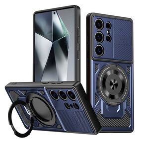 Husa pentru  Samsung Galaxy S25 Ultra TitanX HaloStand Pro cu Inel Pivotant Magnetic 360° & Kickstand, Textura Carbon, protectie lentile - Albastru