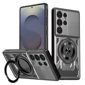 Husa pentru  Samsung Galaxy S25 Ultra TitanX HaloStand Pro cu Inel Pivotant Magnetic 360° & Kickstand, Textura Carbon, protectie lentile - Gri