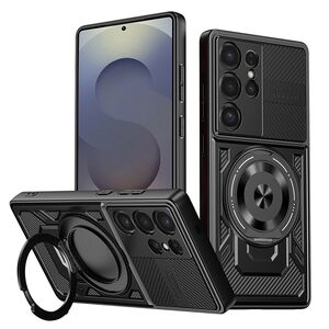 Husa pentru  Samsung Galaxy S25 Ultra TitanX HaloStand Pro cu Inel Pivotant Magnetic 360° & Kickstand, Textura Carbon, protectie lentile - Negru