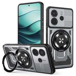 Husa pentru  Xiaomi Redmi Note 14 5G TitanX HaloStand Pro cu Inel Pivotant Magnetic 360° & Kickstand, Textura Carbon, protectie lentile - Gri