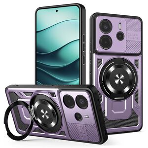 Husa pentru  Xiaomi Redmi Note 14 5G TitanX HaloStand Pro cu Inel Pivotant Magnetic 360° & Kickstand, Textura Carbon, protectie lentile - Mov