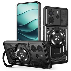 Husa pentru  Xiaomi Redmi Note 14 5G TitanX HaloStand Pro cu Inel Pivotant Magnetic 360° & Kickstand, Textura Carbon, protectie lentile - Negru
