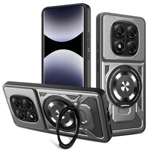 Husa pentru  Xiaomi Redmi Note 14 Pro+ Plus / Note 14 Pro 5G TitanX HaloStand Pro cu Inel Pivotant Magnetic 360° & Kickstand, Textura Carbon, protectie lentile - Gri