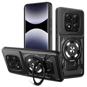 Husa pentru  Xiaomi Redmi Note 14 Pro+ Plus / Note 14 Pro 5G TitanX HaloStand Pro cu Inel Pivotant Magnetic 360° & Kickstand, Textura Carbon, protectie lentile - Negru