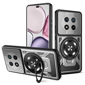 Husa pentru  Honor Magic 7 Lite TitanX HaloStand Pro cu Inel Pivotant Magnetic 360° & Kickstand, Textura Carbon, protectie lentile - Gri