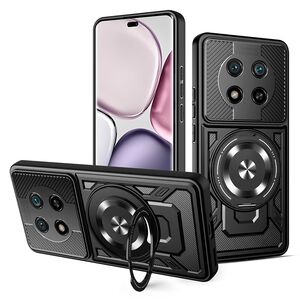 Husa pentru  Honor Magic 7 Lite TitanX HaloStand Pro cu Inel Pivotant Magnetic 360° & Kickstand, Textura Carbon, protectie lentile - Negru