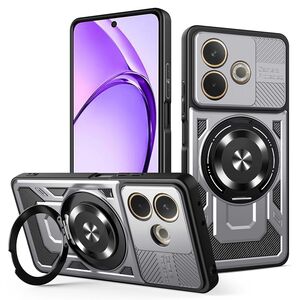 Husa pentru  Oppo A5 Pro 5G TitanX HaloStand Pro cu Inel Pivotant Magnetic 360° & Kickstand, Textura Carbon, protectie lentile - Gri